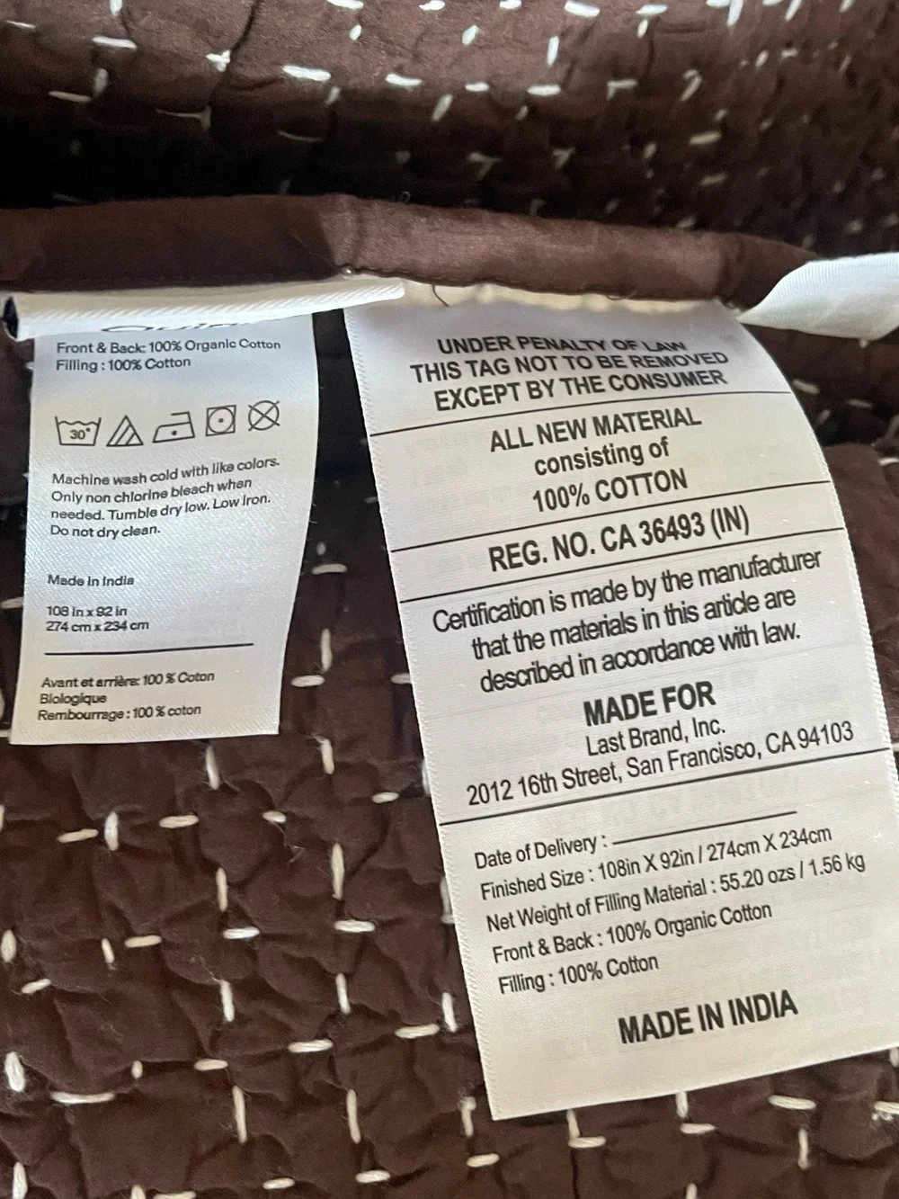 NWT Quince Organic Cotton Hand Stitched 3 pc Quilt Set, King/Cal (Espresso)